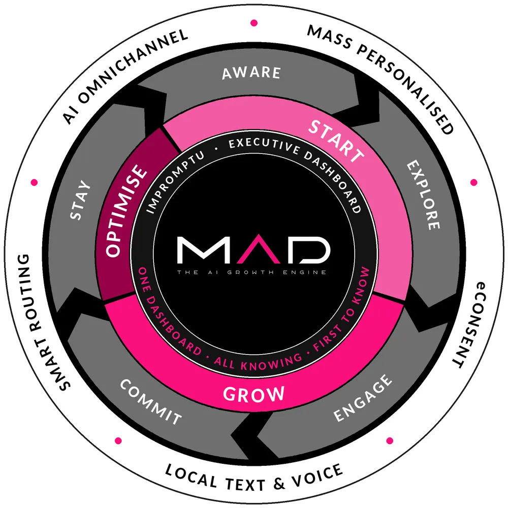 The AI Growth Engine wheel: channels on the outside, then the five-stage customer journey, the START, GROW and OPTIMISE modules, the IMPROMPTU dashboard, and your own customer database at the core.